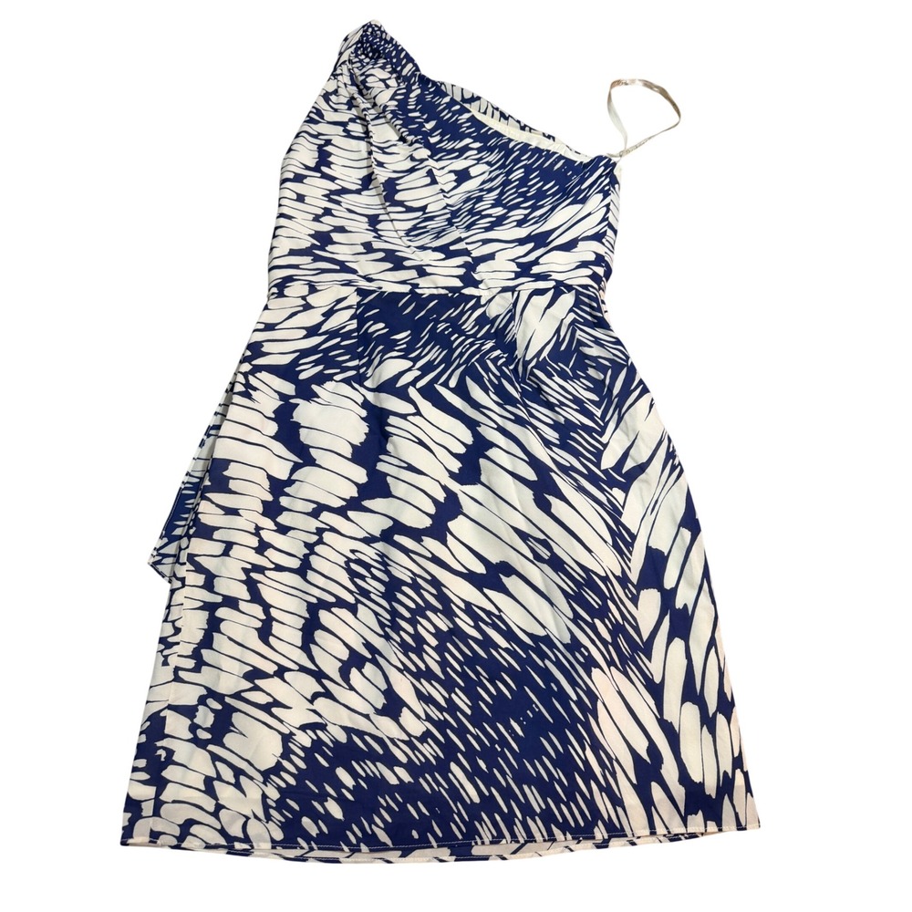 Shoshanna Navy Cream Silk One Shoulder Abstract Print Cocktail Summer Dress 4